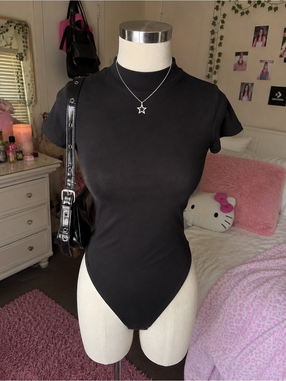 Black Women’s Short Sleeve Bodysuit - Classic Crew Neck